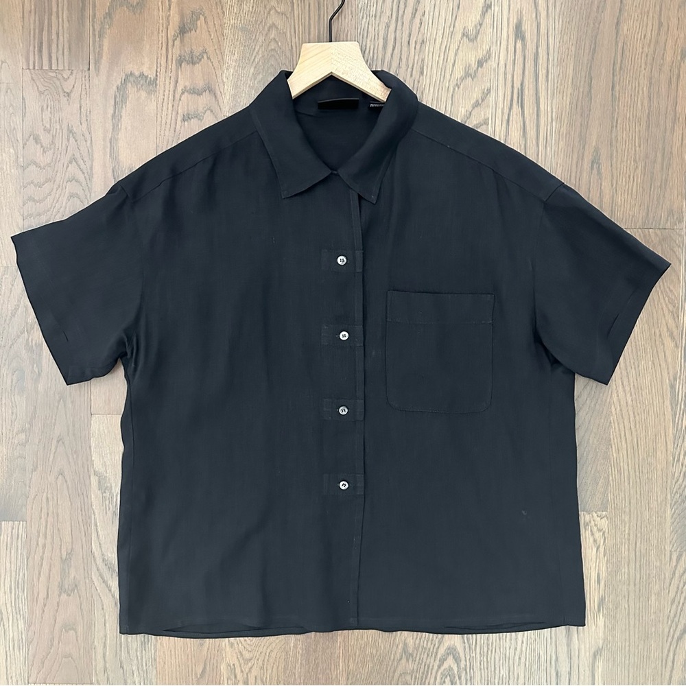 Vintage DKNY 100% Linen Short Sleeve Button Front Collared Blouse Black Size 4 S